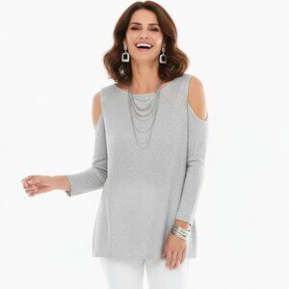 Chico’s Silver Gray Metallic Short Sleeve Cold Shoulder Knit Top 2 L